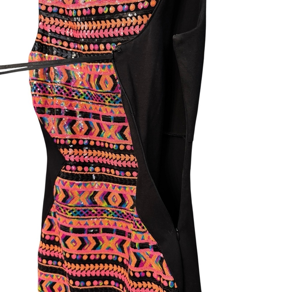 Hale Bob Sequin Bodycon Dress Small Black Tribal Print Sleeveless - Picture 5 of 8